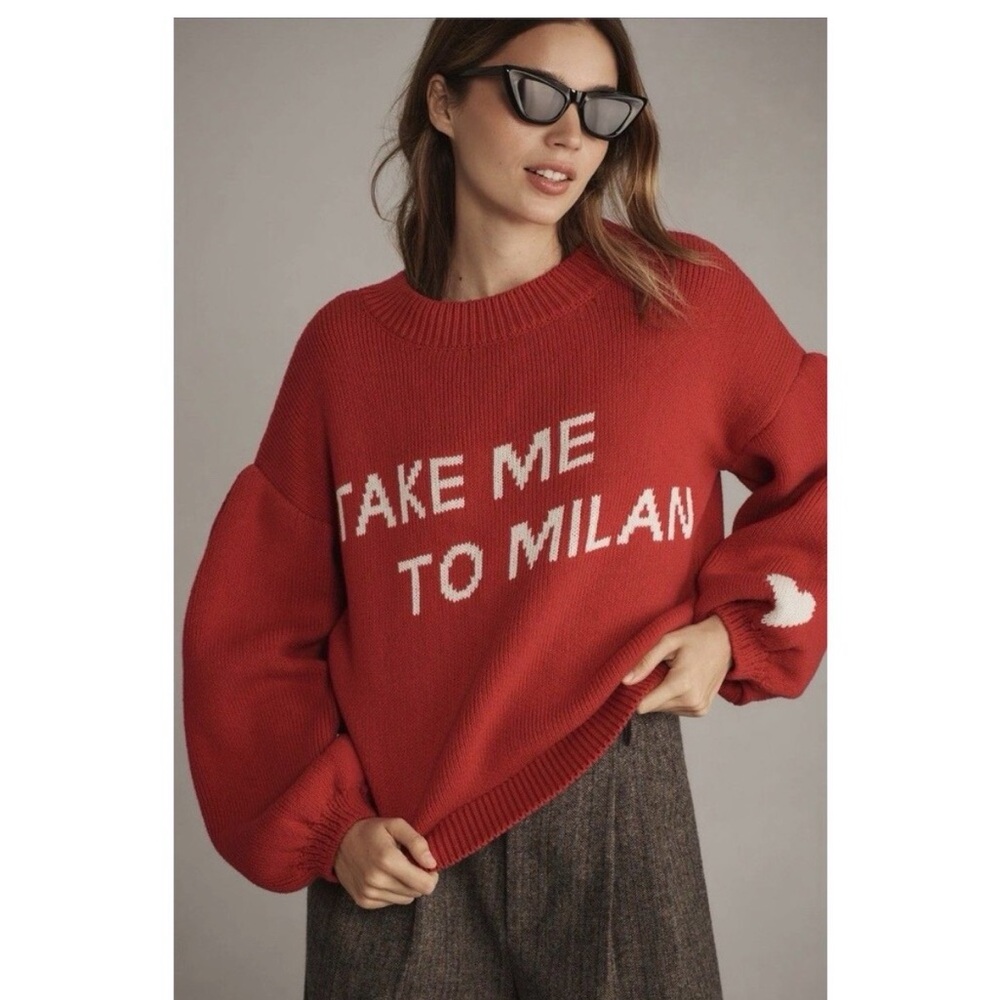 Anthropologie Maeve Graphic ‘Take Me To Milan’ Red Cotton Sweater
